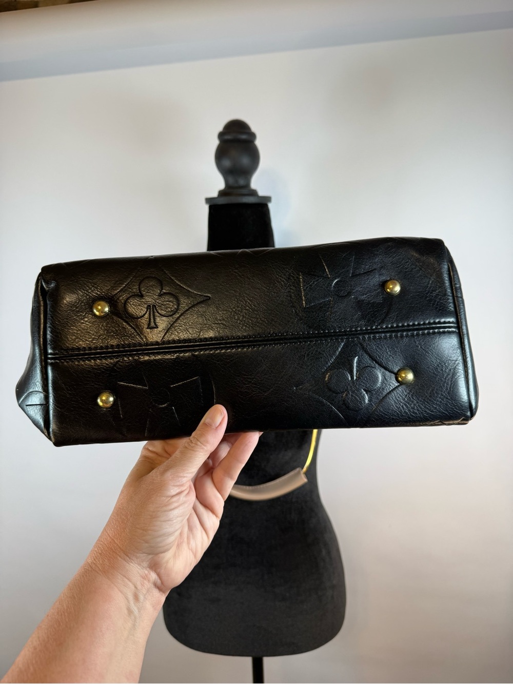 Black Monogram Embossed Faux Leather Tote Shoulder Bag Large Everyday Chic Purse - Picture 6 of 8